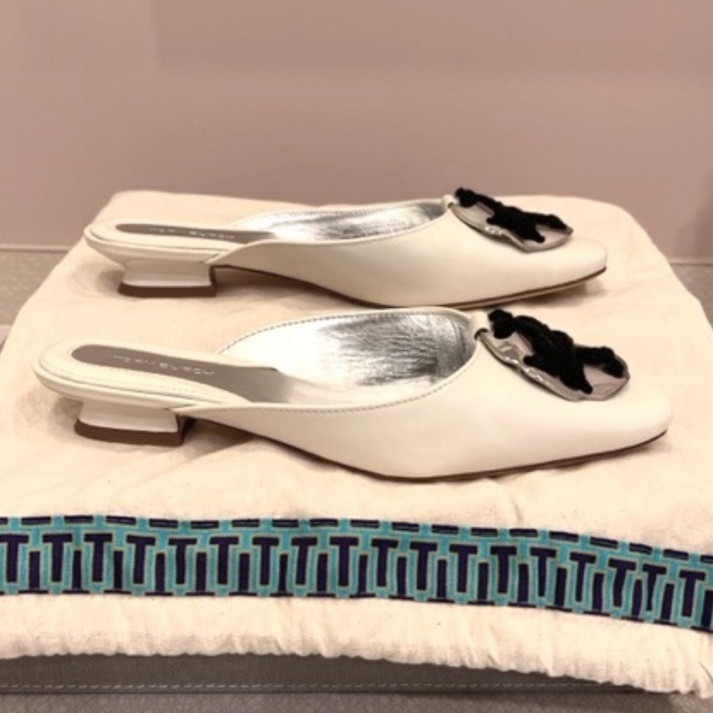 Tory Burch White Leather Medallion Ballerina Mules Size 6